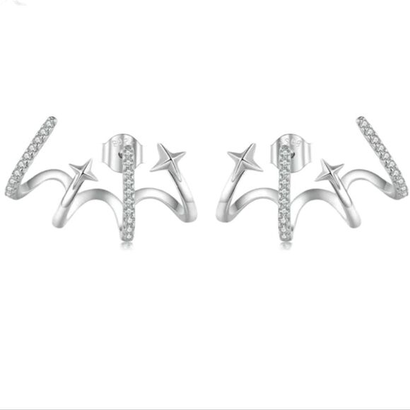 Platinum Plated Shooting Stars Earring Stud Cuff CZ - Picture 1 of 11